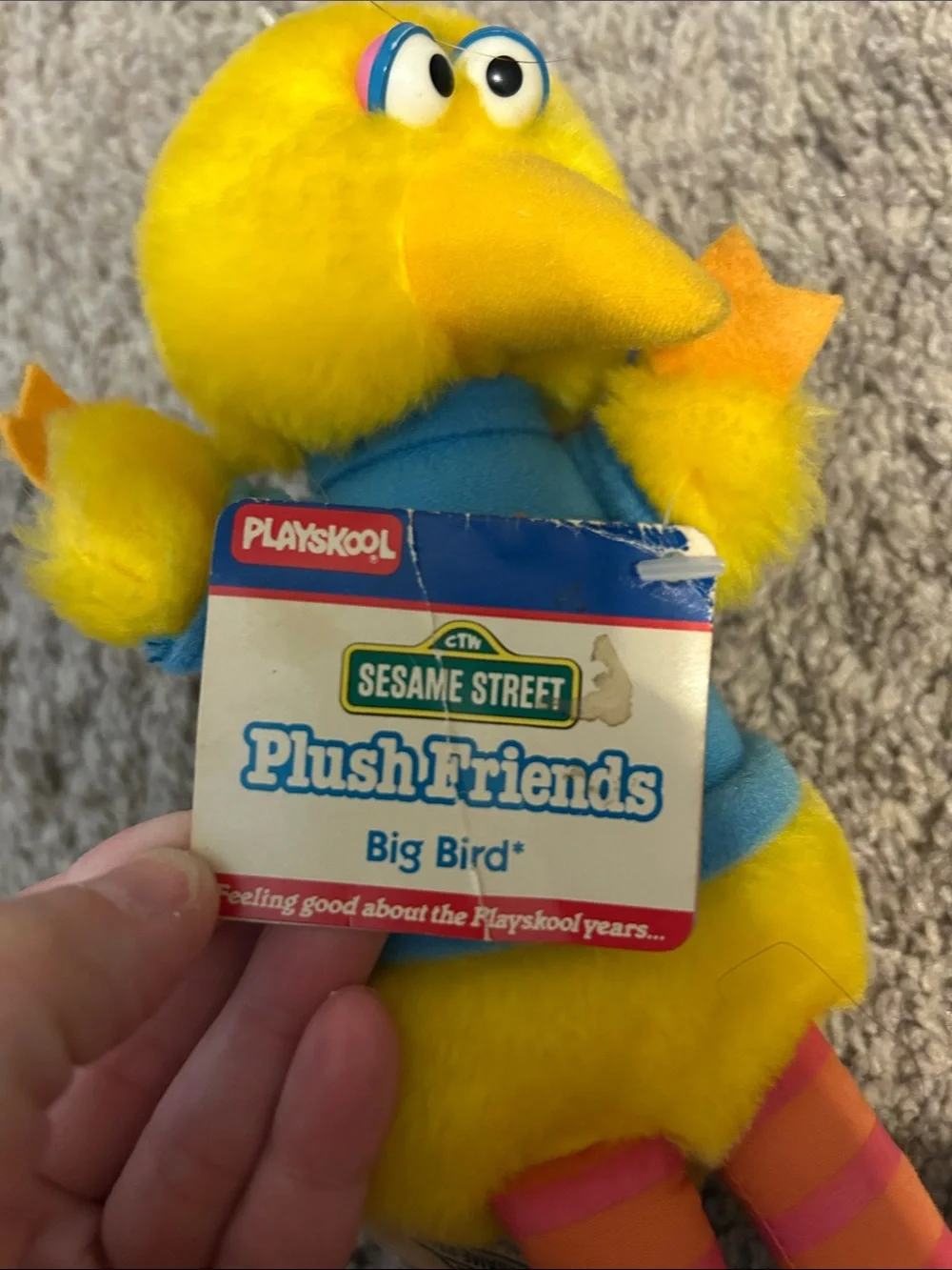 Vintage Big Bird Yellow Plush Toy with Blue Shirt